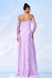 Lilac Sweetheart Off-The-Shoulder A-Line Chiffon Prom Dresses with Long Sleeves