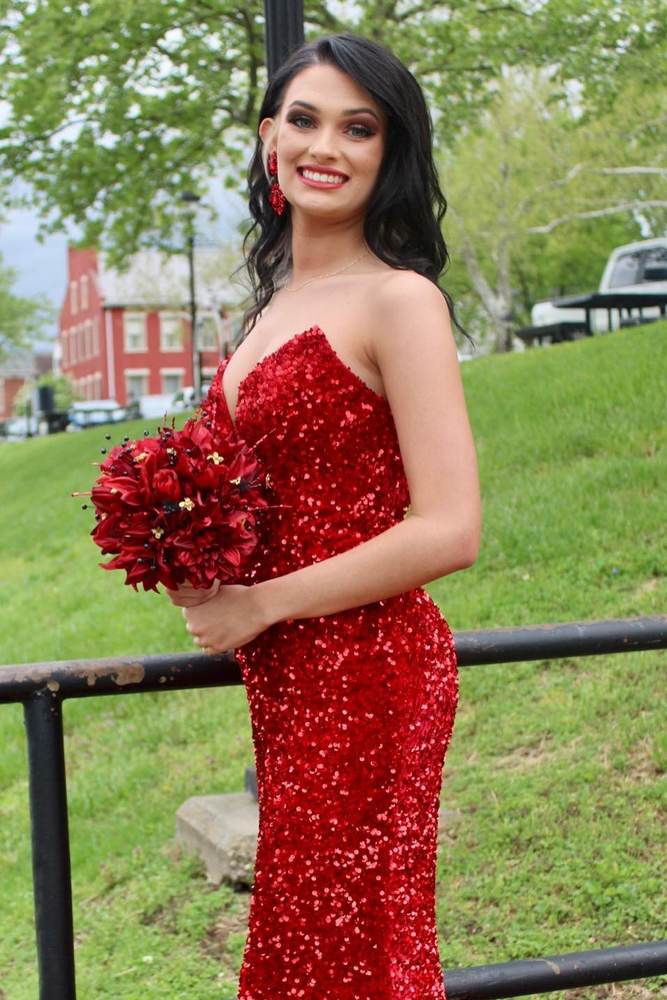 Red Long Mermaid V-Neck Sequined Prom Dresses 