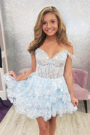 Sky Blue Tiered Off-The-Shoulder Sequined A-Line Formal Dresses