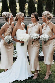 Champagne Stylish Halter Sleeveless Sheath Satin Bridesmaid Dresses