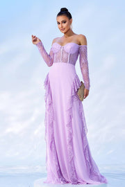 Lilac Sweetheart Off-The-Shoulder A-Line Chiffon Prom Dresses with Long Sleeves