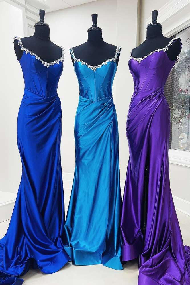 Royal Blue V-Neck Mermaid Satin Long Formal Dresses with Rhinestones