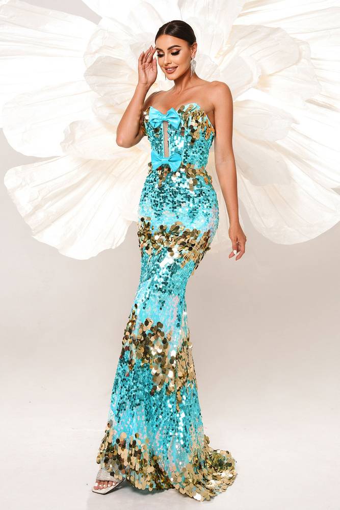 Sequined Strapless Mermaid Evening Dresses with Bow