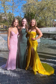 Yellow Strapless Mermaid Satin Prom Dresses with Slit