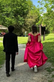 Fuchsia Off-The-Shoulder V-Neck A-Line Satin Prom Dresses with Rhinestones