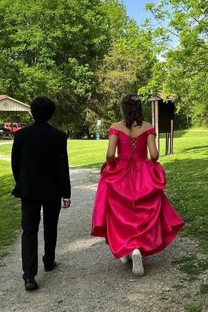 Fuchsia Off-The-Shoulder V-Neck A-Line Satin Prom Dresses with Rhinestones