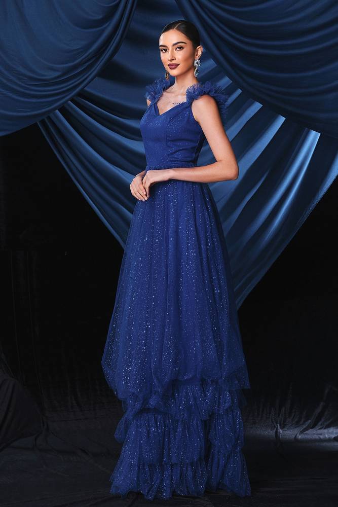 Royal Blue Glittery V-Neck A-Line Tulle Evening Formal Dresses with Ruffles