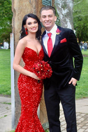 Red Long Mermaid V-Neck Sequined Prom Dresses 