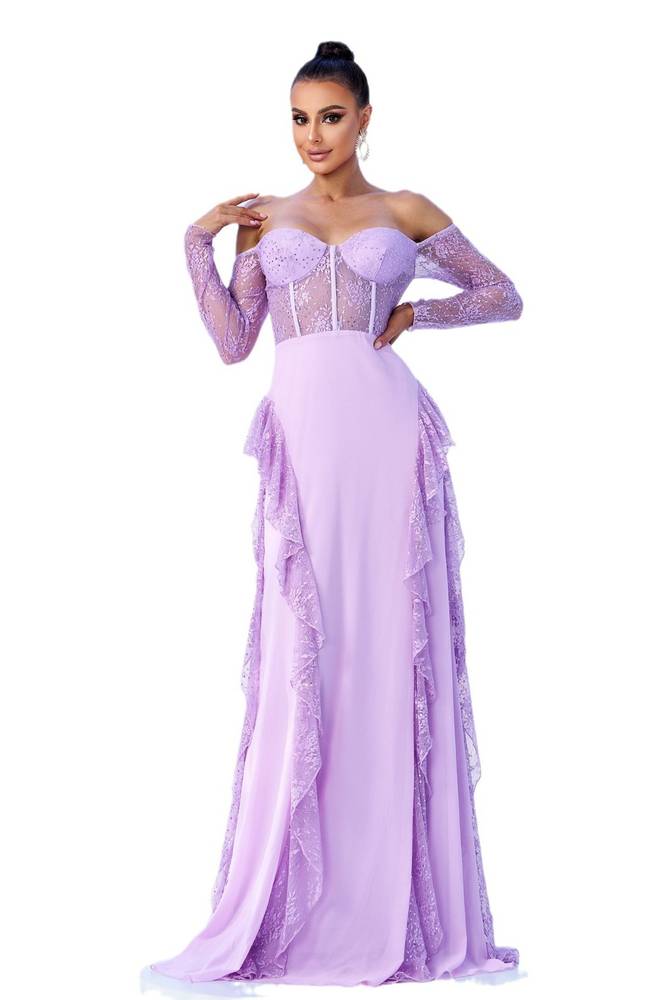 Lilac Sweetheart Off-The-Shoulder A-Line Chiffon Prom Dresses with Long Sleeves