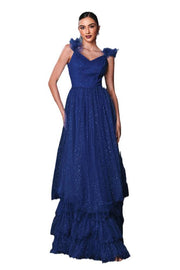 Royal Blue Glittery V-Neck A-Line Tulle Evening Formal Dresses with Ruffles