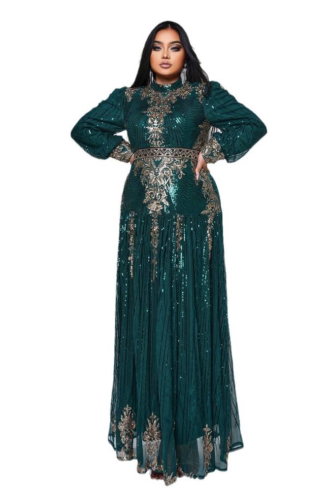 Plus Size A-Line Ankle-Length Sequin Evening Dresses with Long Sleeves