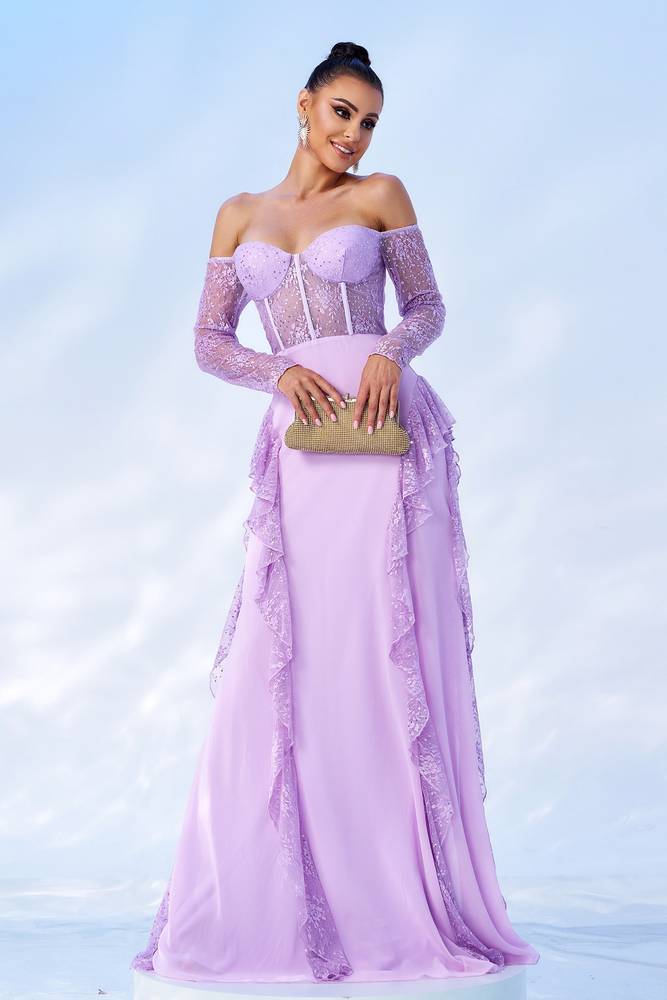 Lilac Sweetheart Off-The-Shoulder A-Line Chiffon Prom Dresses with Long Sleeves