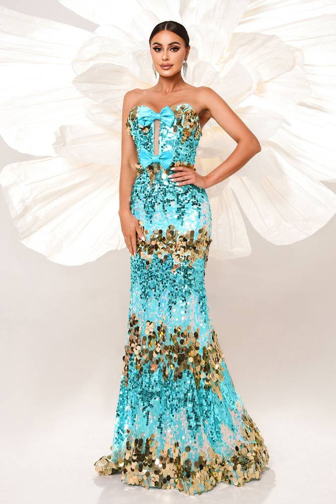 Sequined Strapless Mermaid Evening Dresses with Bow