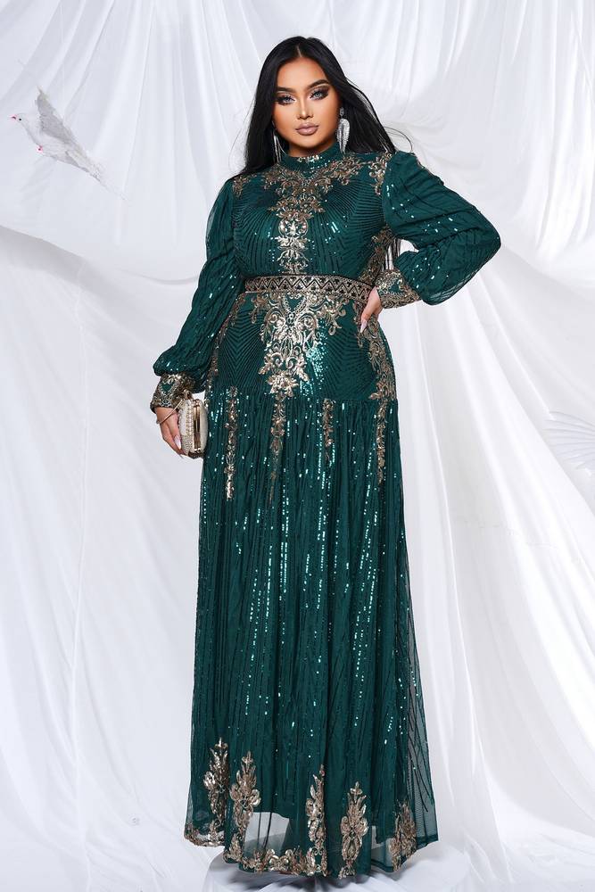 Plus Size A-Line Ankle-Length Sequin Evening Dresses with Long Sleeves