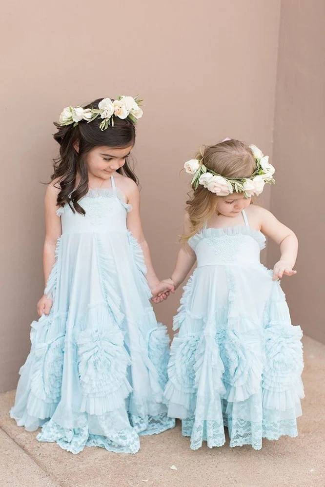 Blue Spaghetti Strapless A-Line Lace Flower Girl Dresses