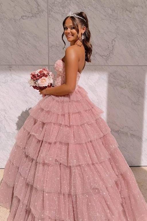 Pink Beautiful Tiered Sequined Ball Gown Tulle Party Dresses