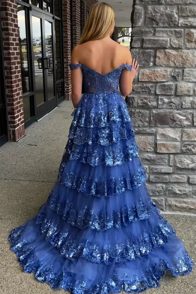 Royal Blue Deluxe Off-The-Shoulder A-Line Sequined Evening Dresses with Slit