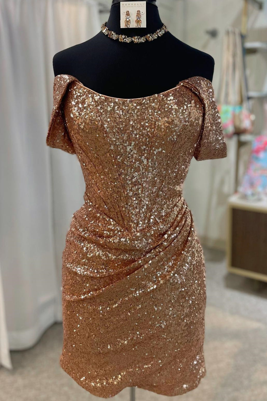 Chic Gold Sequined Off-The-Shoulder Short Homecoming Dresses with Open Back