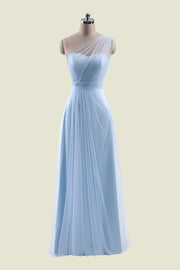 Sky Blue One-Shoulder A-Line Floor-Length Tulle Bridesmaid Dresses