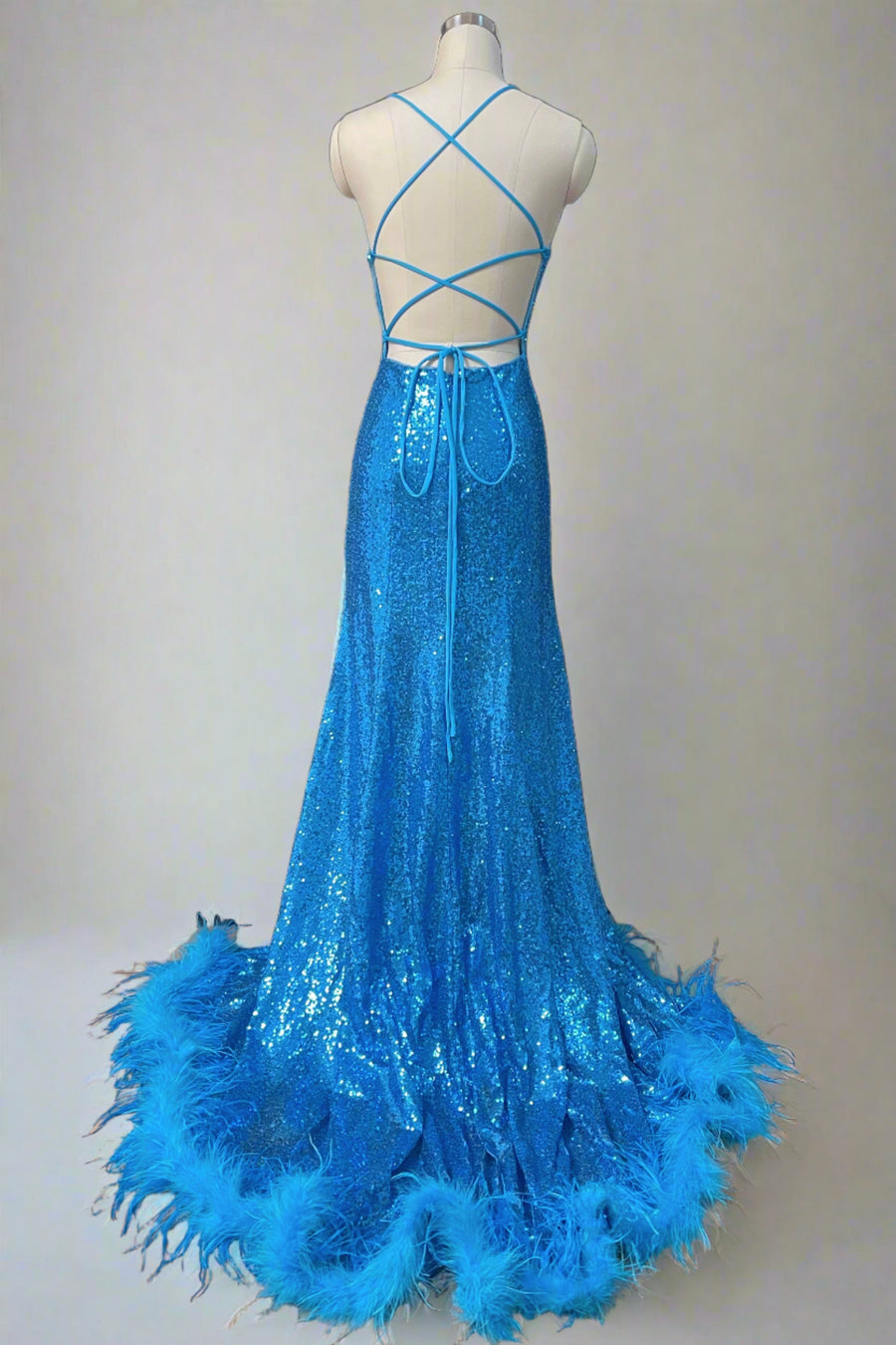 Ocean Blue Spaghetti Straps Square Neck Mermaid Split Front Sequined Prom Dresses with Fur