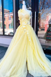 Daffodil One-Shoulder Split Front A-Line Tulle Party Dresses with Appliques