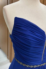 Trendy Royal Blue Floor-Length V-Neck Strapless A-Line Chiffon Prom Dresses