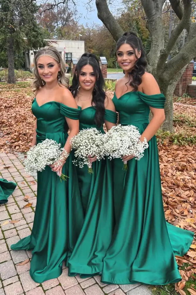 Dark Green Off-The-Shoulder Mermaid Satin Bridesmaid Dresses