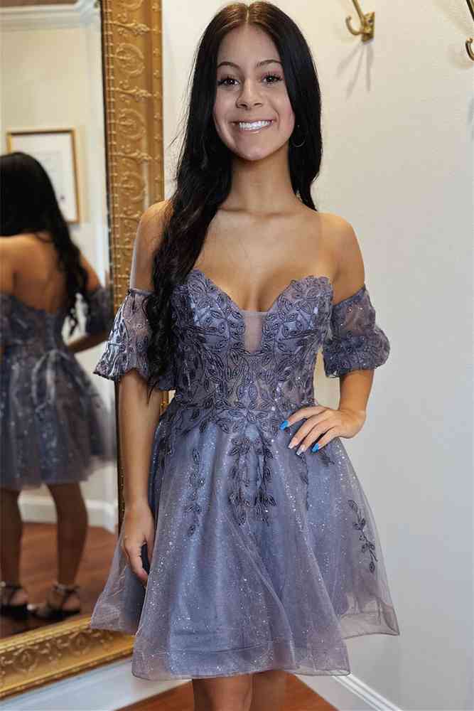 Off-The-Shoulder V-Neck A-Line Tulle Homecoming Dresses with Appliques