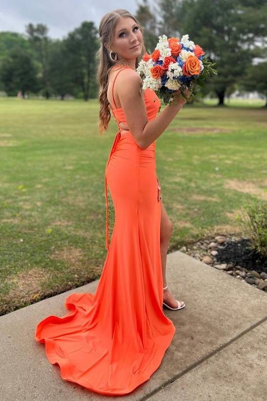 Orange Stretch Satin Criss Cross Straps Mermaid Prom Dresses with Slit