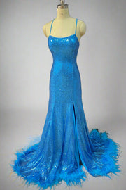 Ocean Blue Spaghetti Straps Square Neck Mermaid Split Front Sequined Prom Dresses with Fur