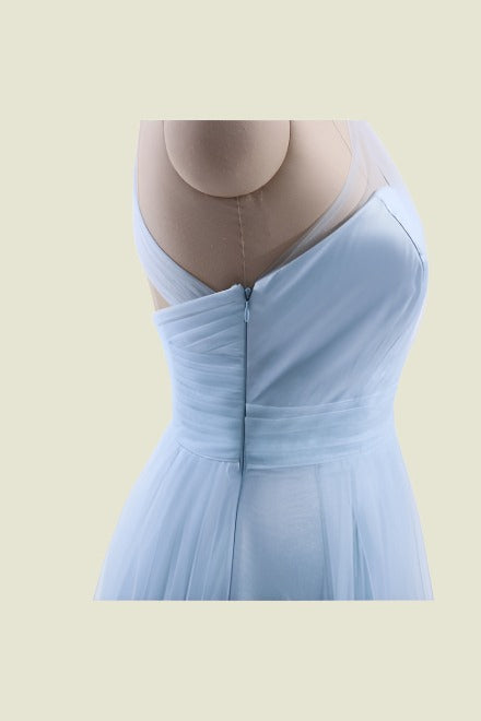 Sky Blue One-Shoulder A-Line Floor-Length Tulle Bridesmaid Dresses