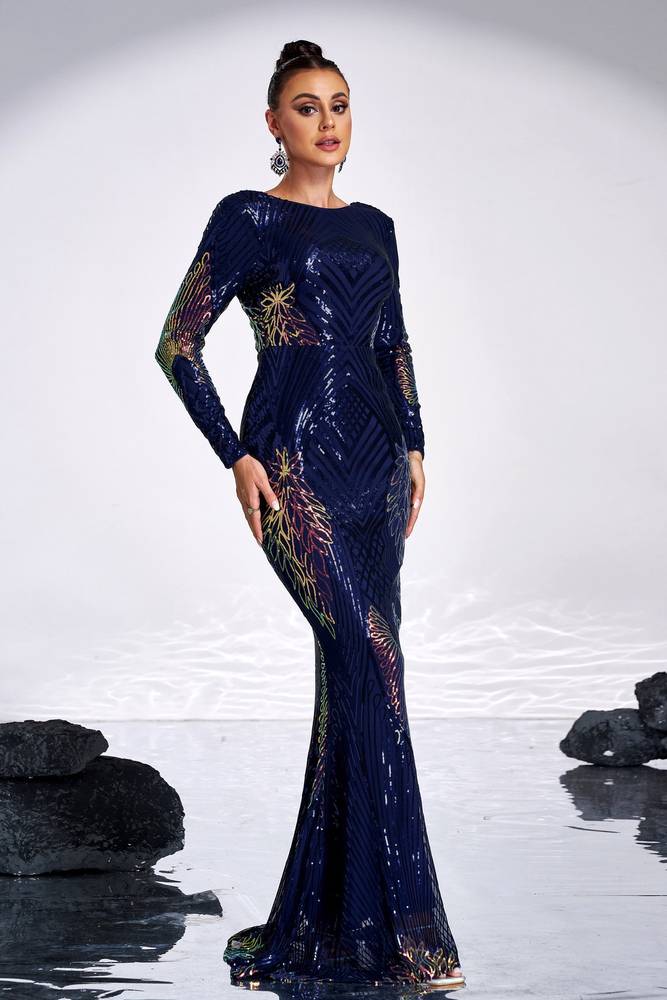 Dark Navy Mermaid Sequin Long Sleeves Evening Dresses