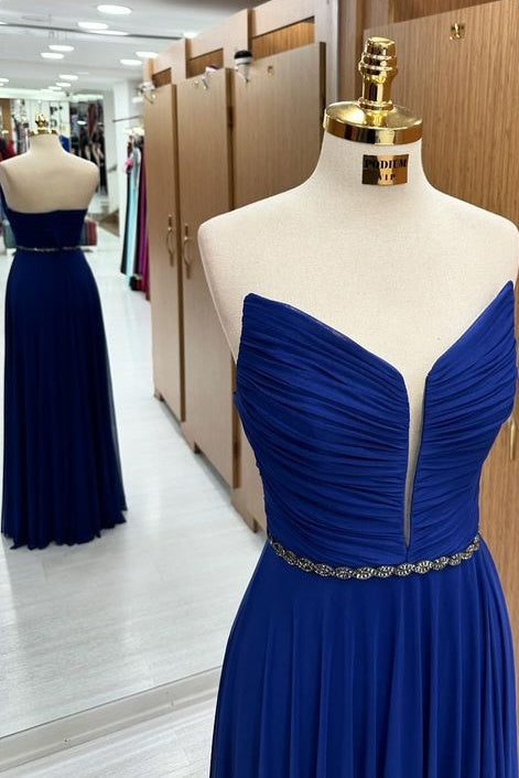 Trendy Royal Blue Floor-Length V-Neck Strapless A-Line Chiffon Prom Dresses