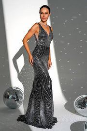 Black V-Neck Sleeveless Mermaid Sequin Evening Prom Dresses