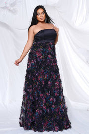 Plus Size Strapless A-Line Satin Tulle Floral Evening Dresses