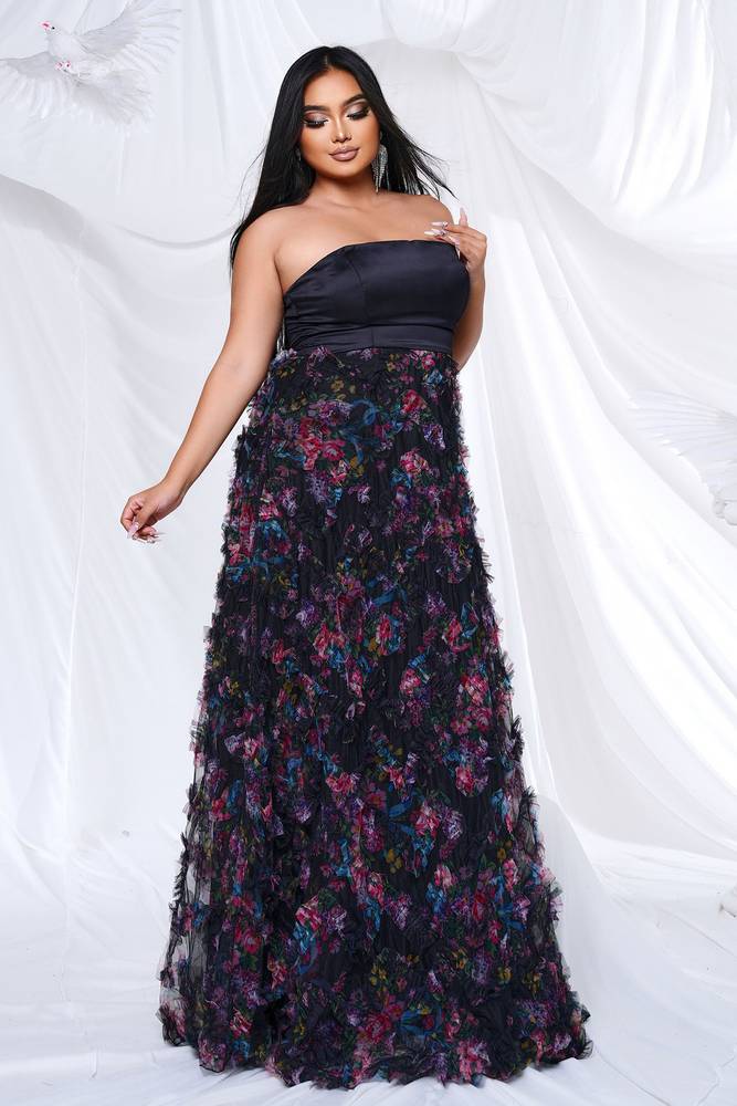 Plus Size Strapless A-Line Satin Tulle Floral Evening Dresses