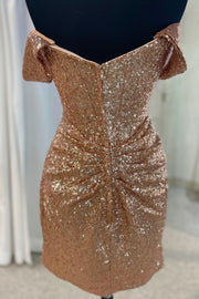 Chic Gold Sequined Off-The-Shoulder Short Homecoming Dresses with Open Back