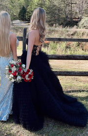 Black Chic Strapless A-Line Tiered Sweetheart Party Dresses Tulle Long with Appliques