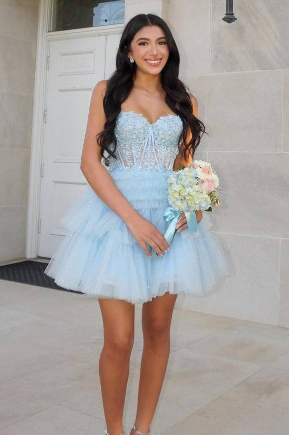 Light Blue Sweetheart A-Line Tulle Homecoming Dresses with Appliques