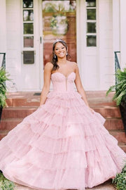 Pink Beautiful Tiered Sequined Ball Gown Tulle Party Dresses