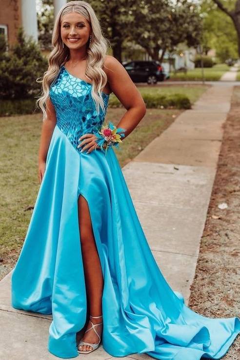 Pool One-Shoulder Court Train Sleeveless A-Line Prom Dresses with Slit