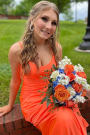 Orange Stretch Satin Criss Cross Straps Mermaid Prom Dresses with Slit