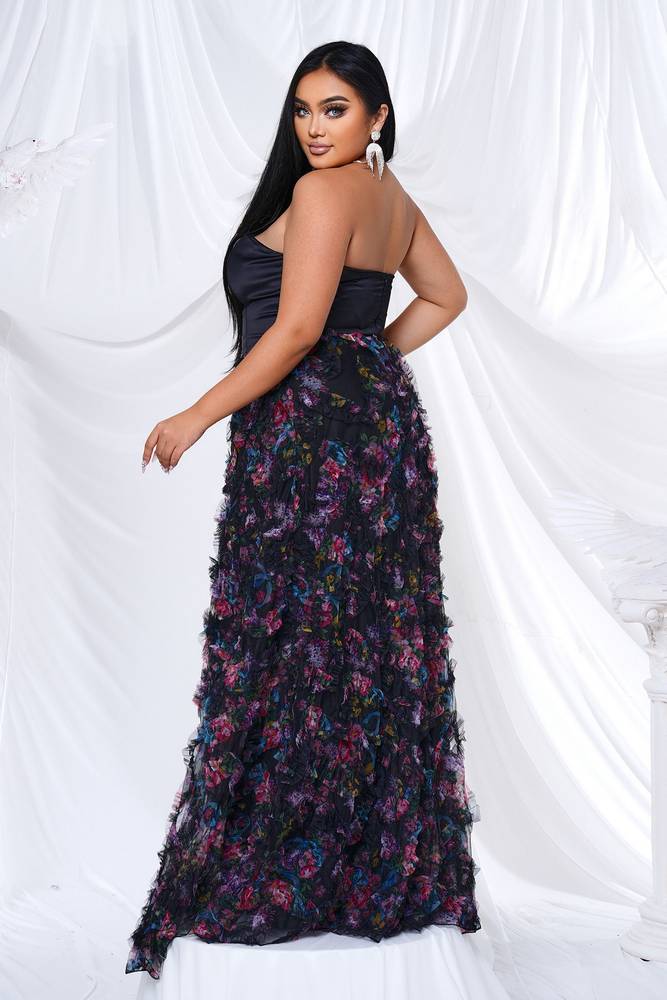 Plus Size Strapless A-Line Satin Tulle Floral Evening Dresses