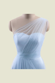 Sky Blue One-Shoulder A-Line Floor-Length Tulle Bridesmaid Dresses