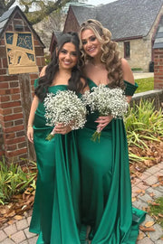 Dark Green Off-The-Shoulder Mermaid Satin Bridesmaid Dresses