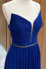 Trendy Royal Blue Floor-Length V-Neck Strapless A-Line Chiffon Prom Dresses