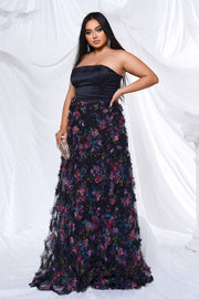 Plus Size Strapless A-Line Satin Tulle Floral Evening Dresses