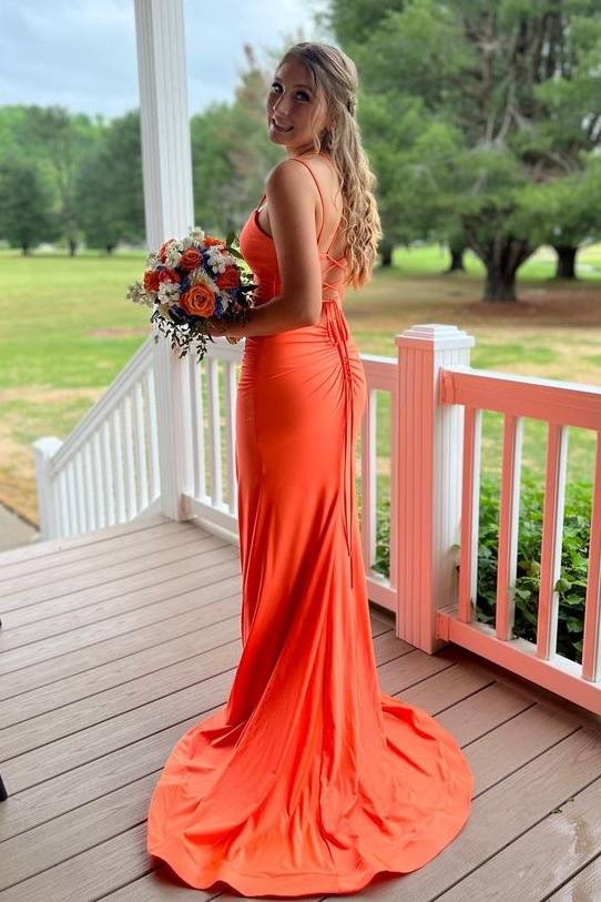 Orange Stretch Satin Criss Cross Straps Mermaid Prom Dresses with Slit