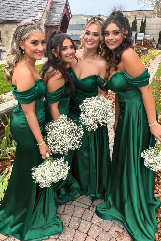 Dark Green Off-The-Shoulder Mermaid Satin Bridesmaid Dresses