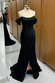 Fashionable Black Sweep Train Off-The-Shoulder Mermaid Satin Prom Dresses with Slit